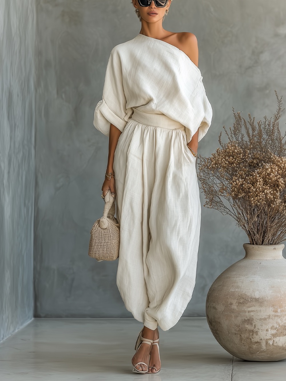 Modesees White Tapered Flowy Pleated Cuffed Balloon Pants Minimalist Lined